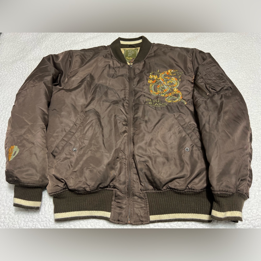 VTG Y2K Nylon Bomber Embroidered Satin Brown Pepe Jeans Mens Jacket Sz XL CLEAN